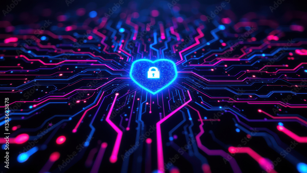 Aufkleber cybersecurity concept with a heart lock symbolizing data protection on a digital network background.