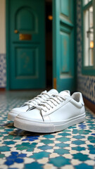 White sneakers contrast Moroccan tiles. Morning light highlights stitching on leather as shadows define lace texture against teal door background.