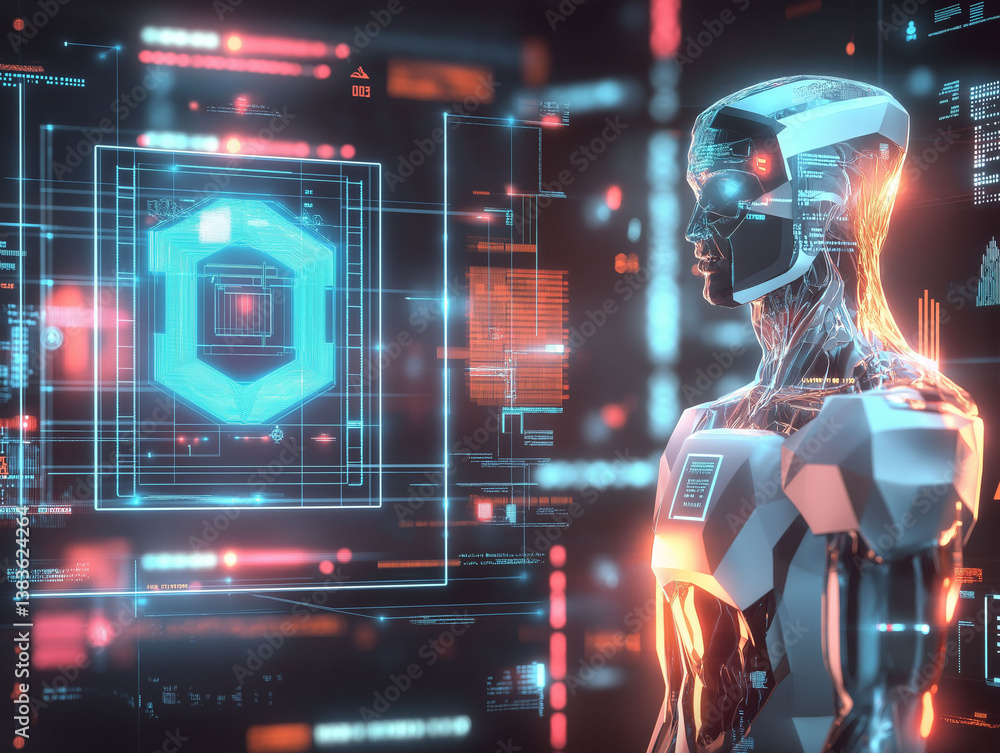 Poster ai driven security surveillance detection. cyber protection innovation. threat data. conceptual ai-d