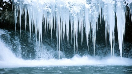 Frozen waterfall winter landscape, icy icicles, nature background, travel scenery