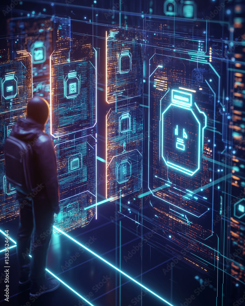 Poster ai driven security surveillance detection. cyber protection innovation. threat data. conceptual ai c