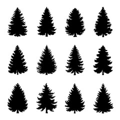 Fir Tree Silhouette Vector Bundle Black and White Clipart EPS Illustration
