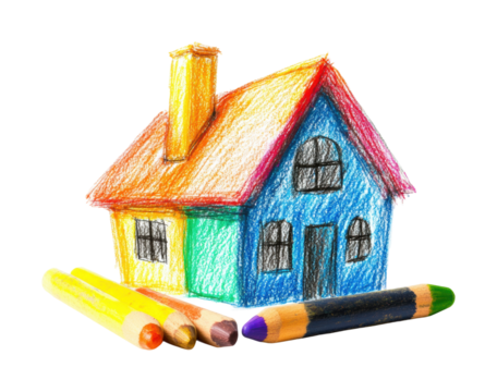 Creative drawing of colorful house with crayons isolated on transparent background, png