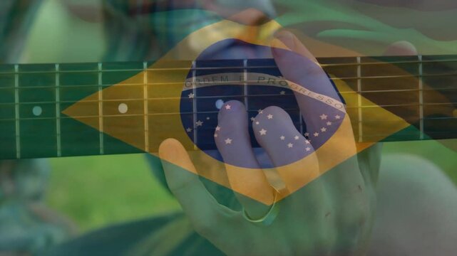 Playing guitar outdoors with Brazilian flag overlay, person creating animation