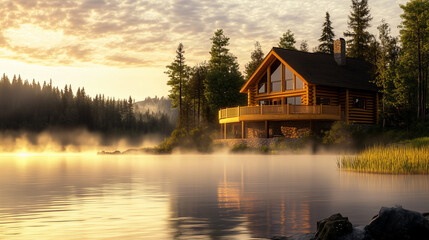 Fototapeta premium Serene lakeside cabin at sunrise surrounded by lush forest in a peaceful natural setting
