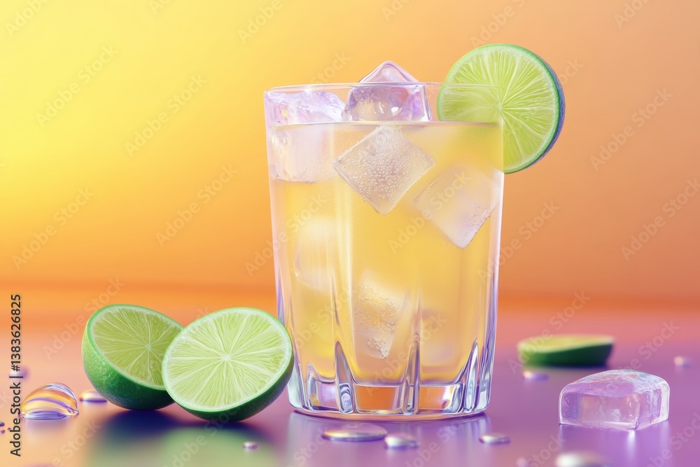 Aufkleber refreshing cold lemonade in a glass with ice cubes and lime slices on a sunny summer day