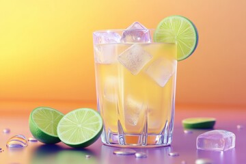 Refreshing cold lemonade in a glass with ice cubes and lime slices on a sunny summer day