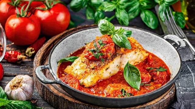 Delicious pan seared cod fillet served with vibrant tomato sauce, fresh basil, as flavorful culinary experience.