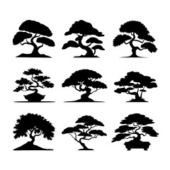 Bonsai Tree Silhouette Vector Bundle Black and White Bonsai Tree Clipart EPS Illustration