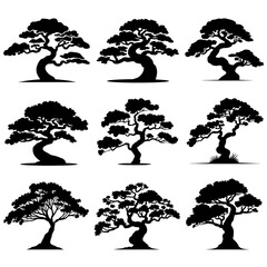 Bonsai Tree Silhouette Vector Bundle Black and White Bonsai Tree Clipart EPS Illustration