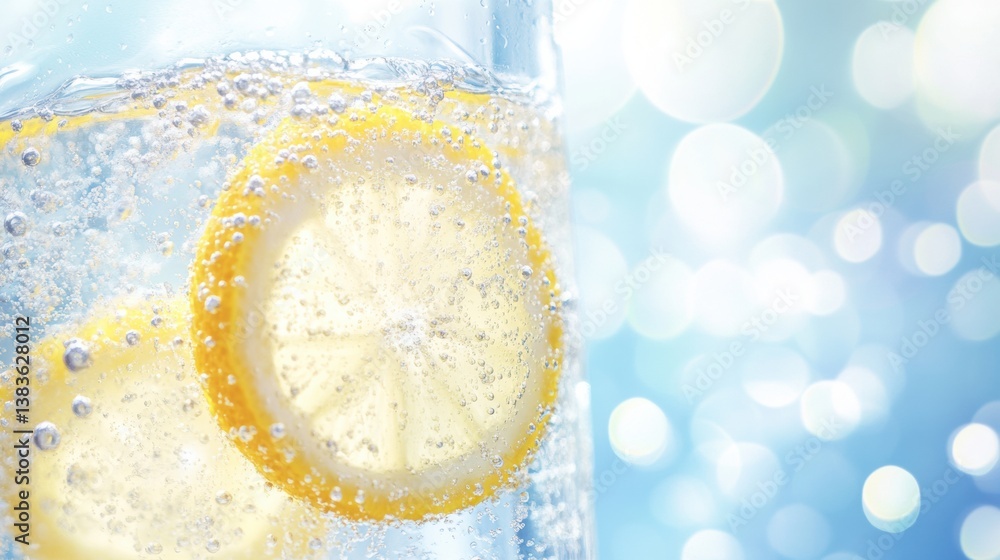 Poster Refreshing ice-cold soda with lemon slices and fizzy bubbles on a bright background creating a vibrant summer beverage experience