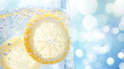 Refreshing ice-cold soda with lemon slices and fizzy bubbles on a bright background creating a vibrant summer beverage experience