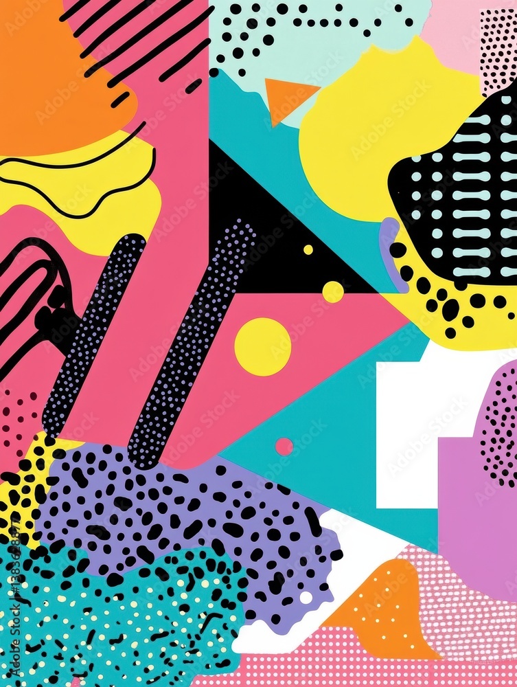 Poster vibrant retro memphis-style background features bold geometric shapes and playful neon colors in a d