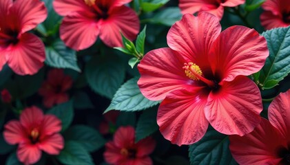 Obraz premium Bold hibiscus blossoms densely arranged, vibrant tropical colors , vibrant, tropical, nature