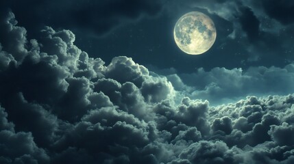Full moon night sky, cloudscape, celestial, atmospheric, dreamy background, ideal for fantasy or mystic themes