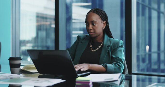 Finance, report or African businesswoman on laptop for revenue, profit or accounting review. Financial budget, tax audit or accountant typing online for policy update, company payroll or bookkeeping