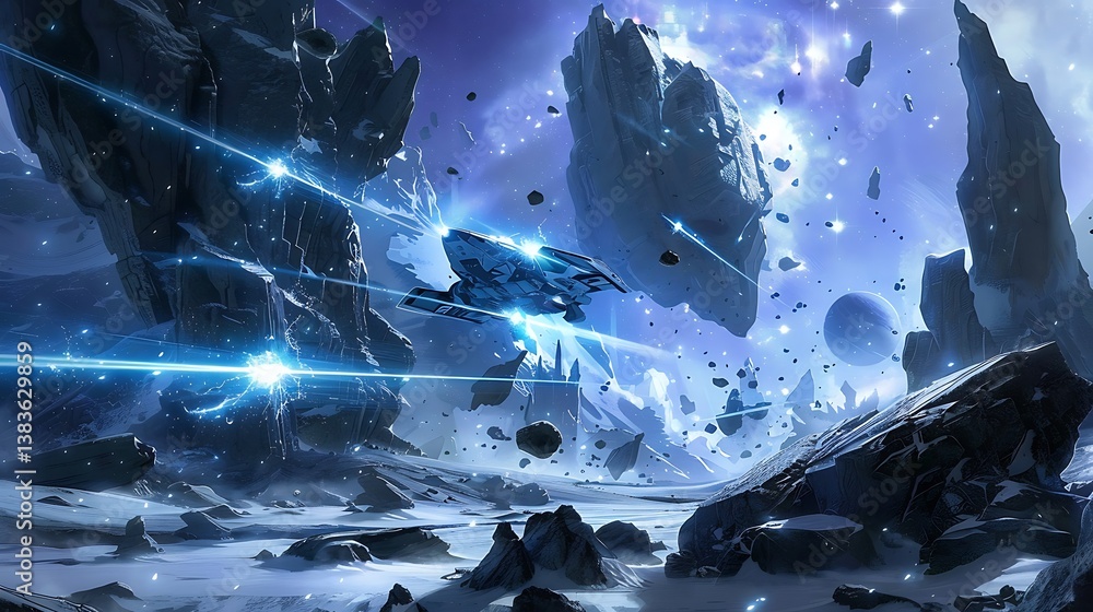 Poster a futuristic spaceship navigates through a field of interstellar asteroids