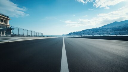 Racing asphalt track in scenic location by coastal city under vibrant blue sky