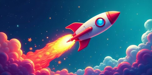 Colorful cartoon space ship blasting off into the sky with stars in the background, futuristic, take off