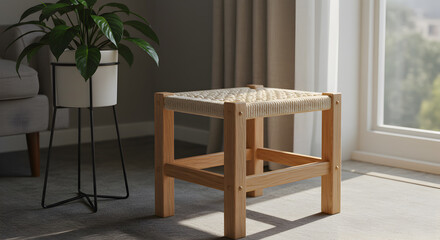 Stylish Wooden Stool with Macrame Seat in Bright Modern Interior