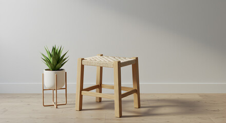 Stylish Interior Scene Featuring a Wooden Stool and a Sansevieria Plant