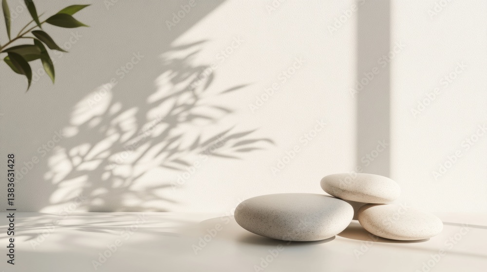 Poster Minimalist arrangement of smooth river stones on a soft white surface illuminated by gentle light and natural shadows