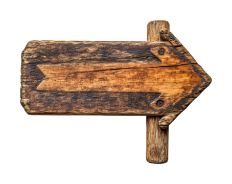 Directional wooden arrow sign rustic home environment isolated on transparent background, png