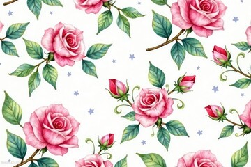 Delicate watercolor rose buds & leaves, repeating pattern, texture, flower