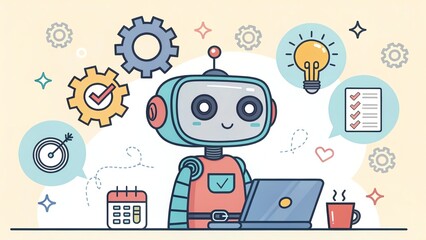Cute robot thinking with digital icons, surrounded by productivity and workflow optimization symbols.