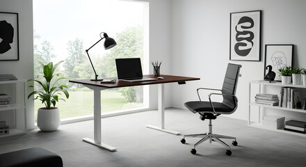 Ergonomic adjustable height desk setup in a contemporary bright home office space