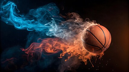 Basketball in Motion with Dynamic Smoke Effects - Vibrant Blue and Orange