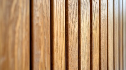 Fototapeta premium Close-up view of wooden planks. Vertical wood paneling, light brown hue. Natural wood grain detail