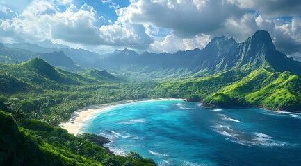 Lush Island Coastline with Turquoise Water and Verdant Hills Scenic View