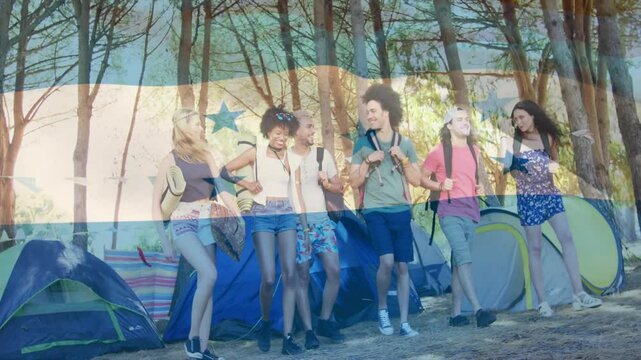Walking through forest, group of friends carrying tents with flag animation overlay