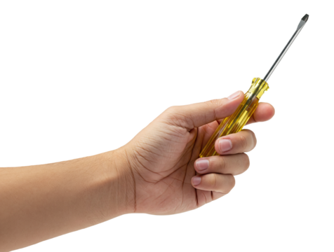 Hand Holding Flathead Screwdriver on Isolated Background