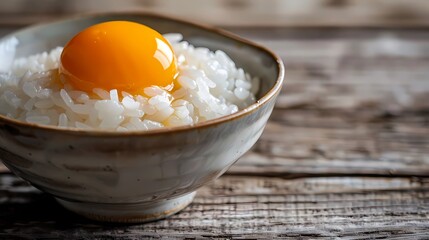A plain bowl, raw egg yolk on top, a small drizzle of soy sauce, clean and uncluttered background, Generative AI illustrations. 