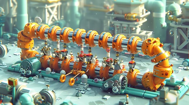 Industrial Piping System Depicts Interconnected Tubes and Mechanical Valves