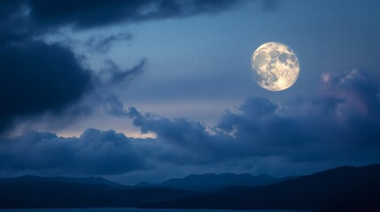 Full moon over mountains at night