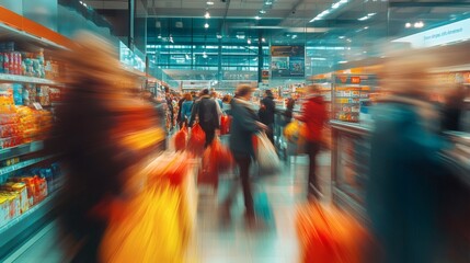 Busy supermarket shoppers, aisle motion blur, grocery store background