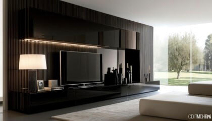 Obraz premium Modern dark-toned entertainment center with large TV