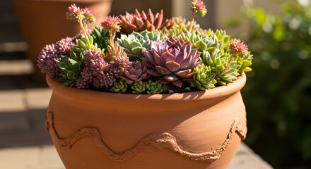 Terracotta Pot Filled With Blooming Succulents On Sunny Background