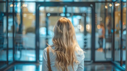 A Woman standing outside the door and look at the door,woman's back view, Generative AI illustrations.
