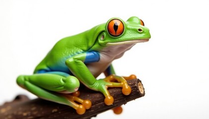Green tree frog perched on white, vibrant skin detail, macro photography, animal, fauna