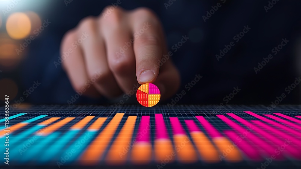 Poster analyzing visual data: hand interacting with pie chart over colorful graph for strategic planning.