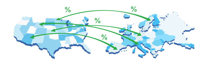 Vector illustration showing data or trade flow import and export duties with percentage signs from the United States to various countries across Europe. © Hurca!