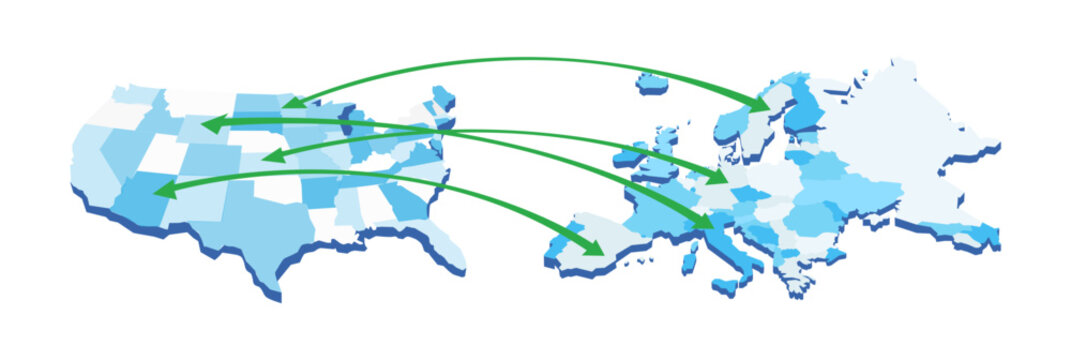 Vector illustration showing data or trade flow import and export duties with percentage signs from the United States to various countries across Europe.
