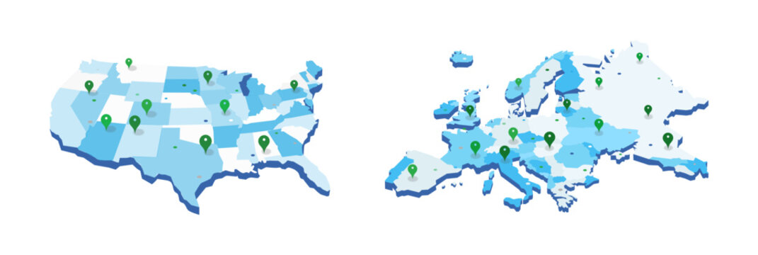 Vector illustration of USA and Europe maps in blue shades, showcasing geographical outlines with a modern, minimalist design on white background.