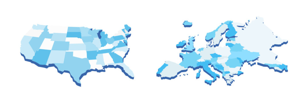Vector illustration of USA and Europe maps in blue shades, showcasing geographical outlines with a modern, minimalist design on white background.