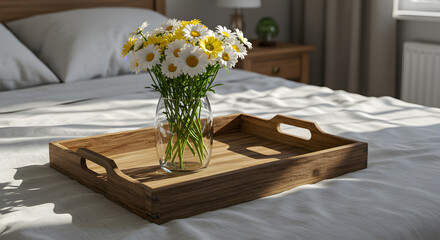 Fresh Daisies In Vase On Wooden Tray Displayed On Bed In Bright Sunlight