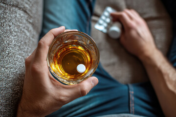 A man sits on a couch, holding a glass of whiskey in one hand and a bottle of pills in the other, reflecting on his struggles in a quiet, somber atmosphere late at night
